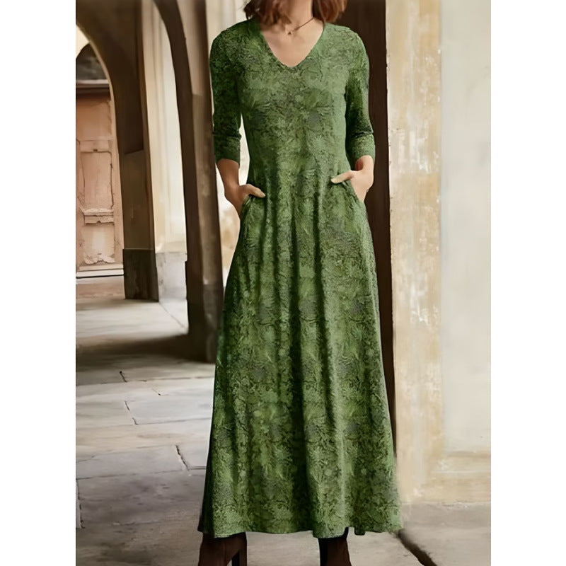 Women Fashion Casual Printed V-Neck Pocket Long Sleeve Maxi Dress