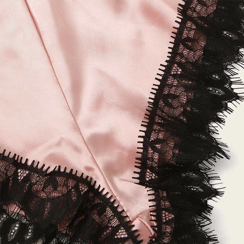 Conjunto de pijama informal sin mangas con encaje y pantalones cortos para mujer, con bloques de color y estilo vanguardista