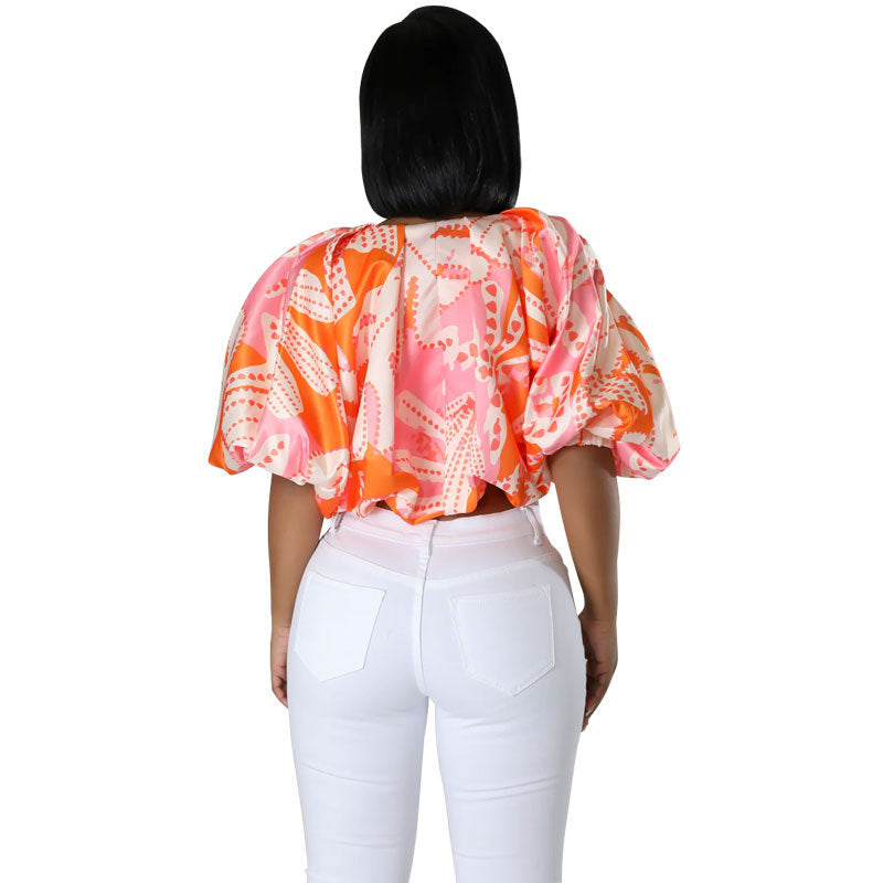 Women Fashion Casual Printed Round Neck Short-Sleeve Crop Top