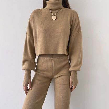 Autumn Winter Women Turtleneck Loose Long-Sleeved Top Pants Casual Fashion Set