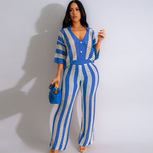 Women Fall Winter Casual V-Neck Hollow-Out Stripe Lapel Knitted Sweater Wide Leg Pants Set