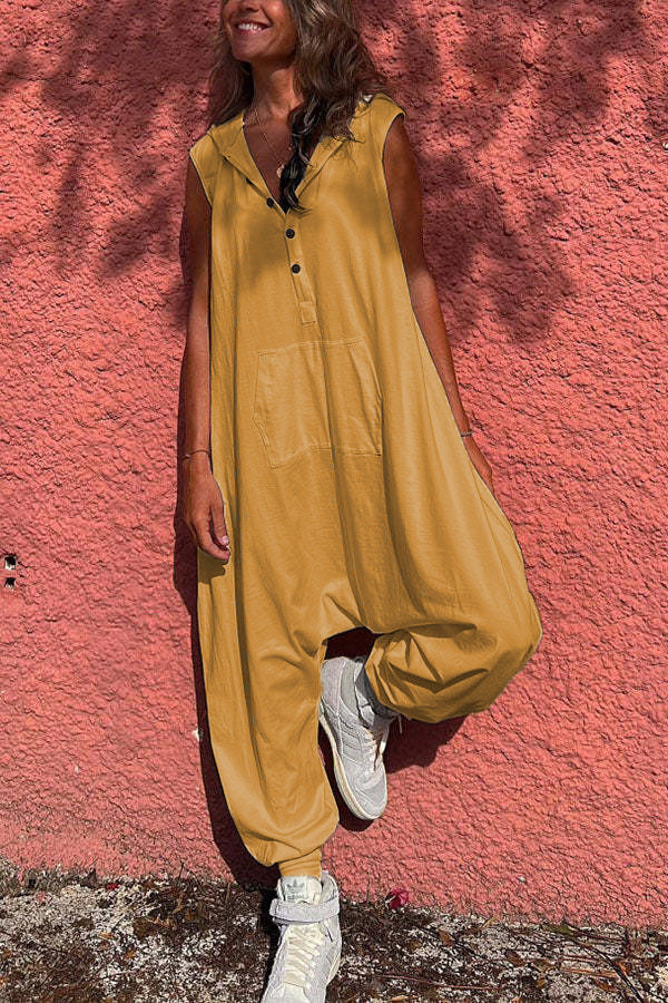 Women'S Fashion Solid Color Casual Hooded Single-Breasted Loose Jumpsuits