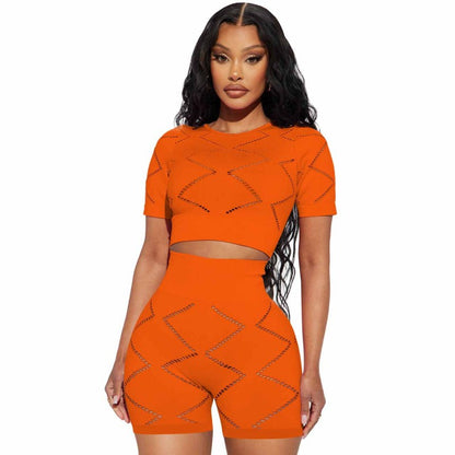 Conjunto de dos piezas de top corto y pantalones cortos de manga corta con aberturas de color liso informal para mujer