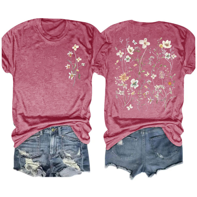 Camiseta informal de manga corta con cuello redondo y estampado floral para mujer