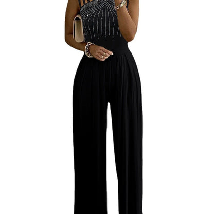 Women Casual Trousers Summer Slim Solid Color Rhinestones Decorative Jumpsuit