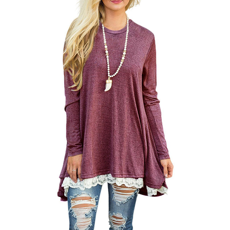 Vestido informal de manga larga con encaje de color liso para mujer