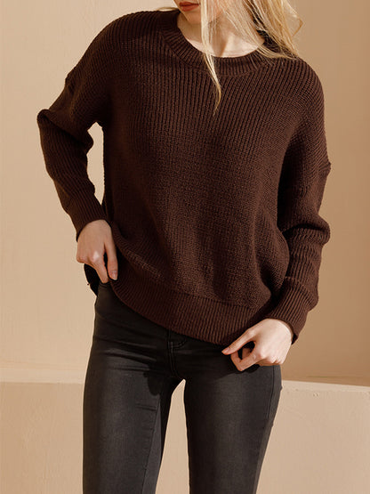 Suéter de punto de color liso con cuello redondo informal a la moda para mujer