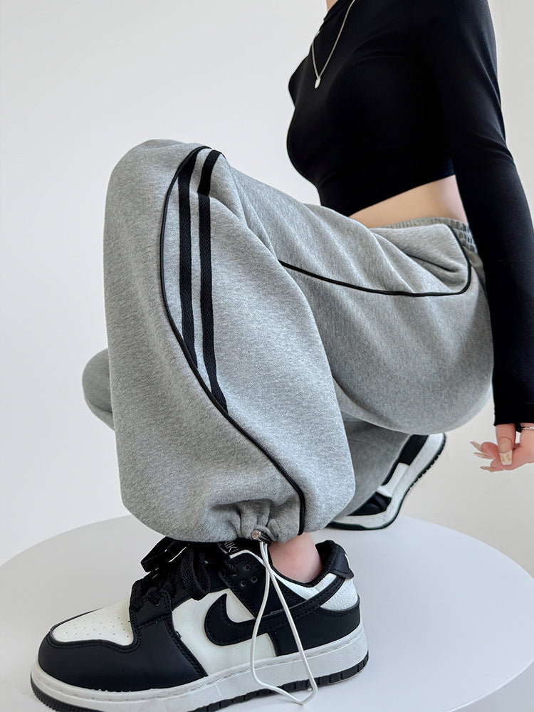 Women Fashion Casual Stripe Drawstring Wide Leg Pants