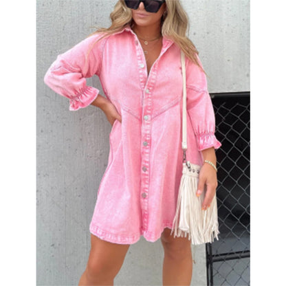 Fashion Casual Women Puff Sleeve Loose Lapel Denim Dress