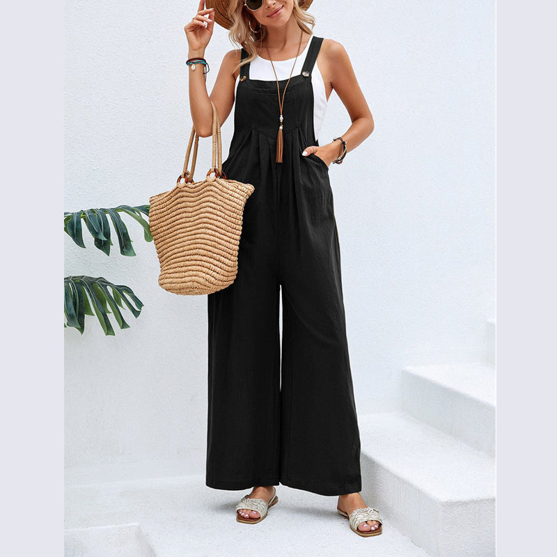 Women Solid Color Casual Wide Leg Suspender Jumpsuits