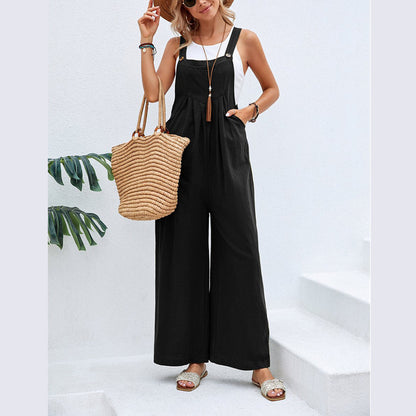 Women Solid Color Casual Wide Leg Suspender Jumpsuits