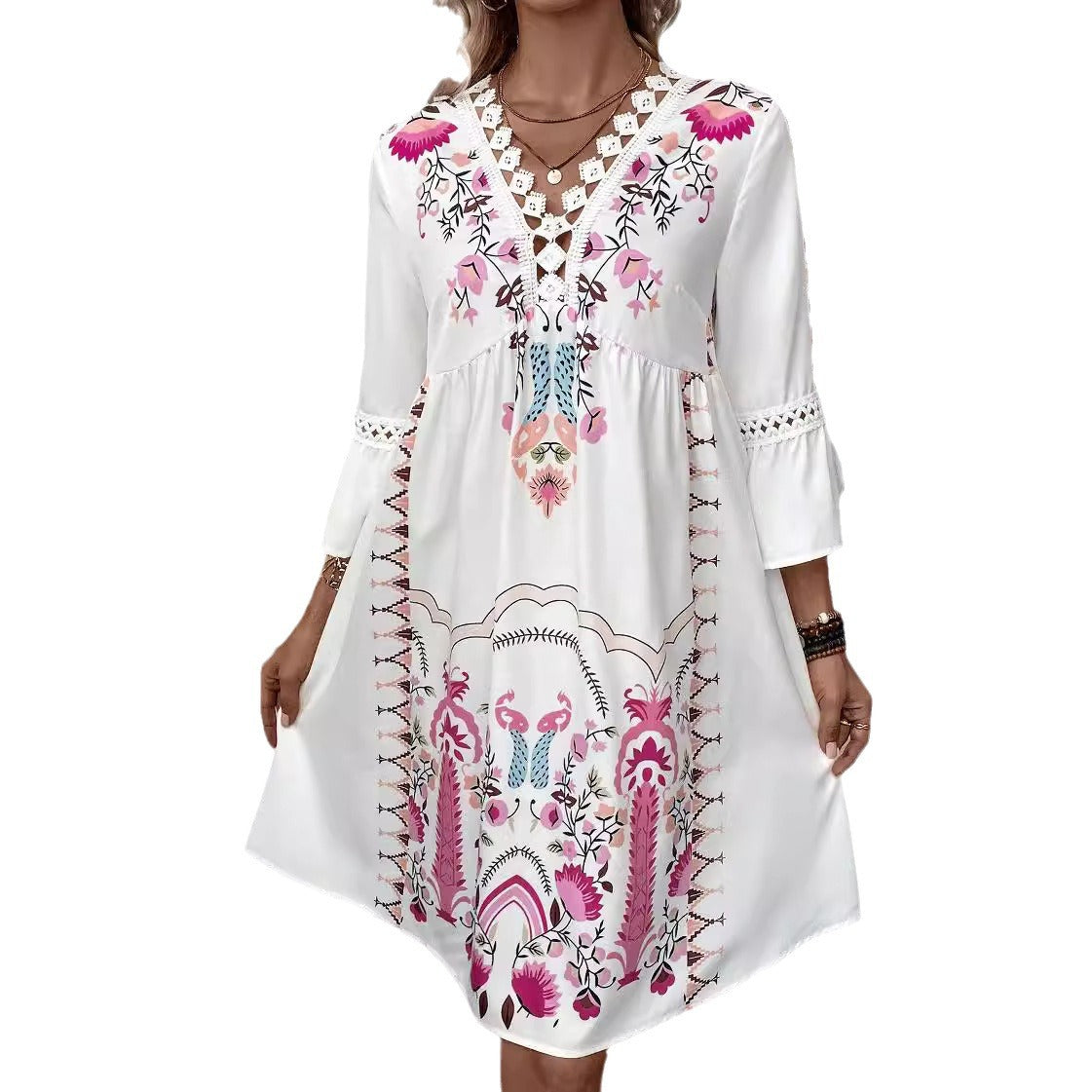 Vestido bohemio informal con estampado floral y escote en V y mangas abullonadas para mujer