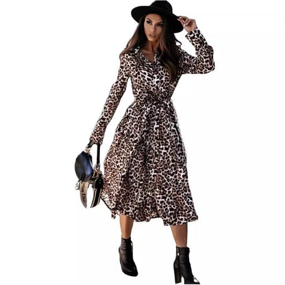Vestido midi informal con estampado de leopardo y manga larga para mujer, otoño e invierno