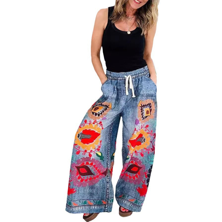 Ethnic Vintage Boho Women Spring And Summer Lace-Up Imitation Denim Floral Printed Pocket Loose Casual Pants