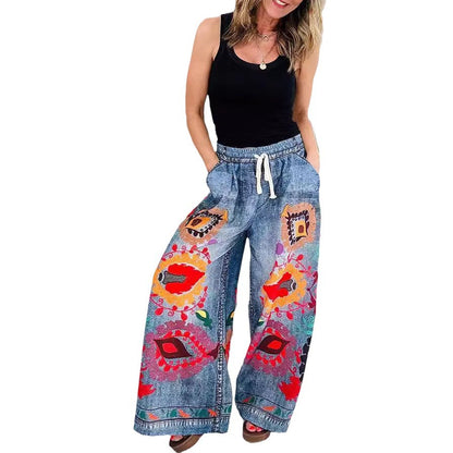 Ethnic Vintage Boho Women Spring And Summer Lace-Up Imitation Denim Floral Printed Pocket Loose Casual Pants
