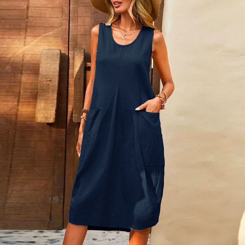 Women Casual Solid Color Cotton Linen Sleeveless Loose U-Neck Dress