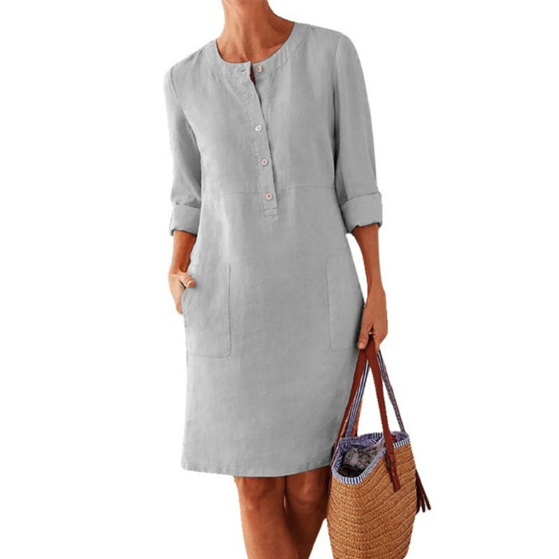 Women'S Casual Solid Color Round Neck Long Sleeve Dress