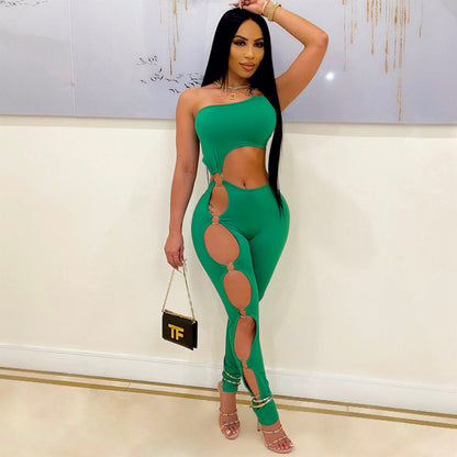 Women Summer Sexy Tight Casual Solid Color Hollow Jumpsuit