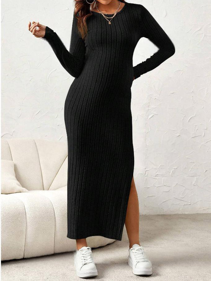 Pregnant Women Fashion Casual Rib Knitted Crewneck Long Sleeve Split Dress