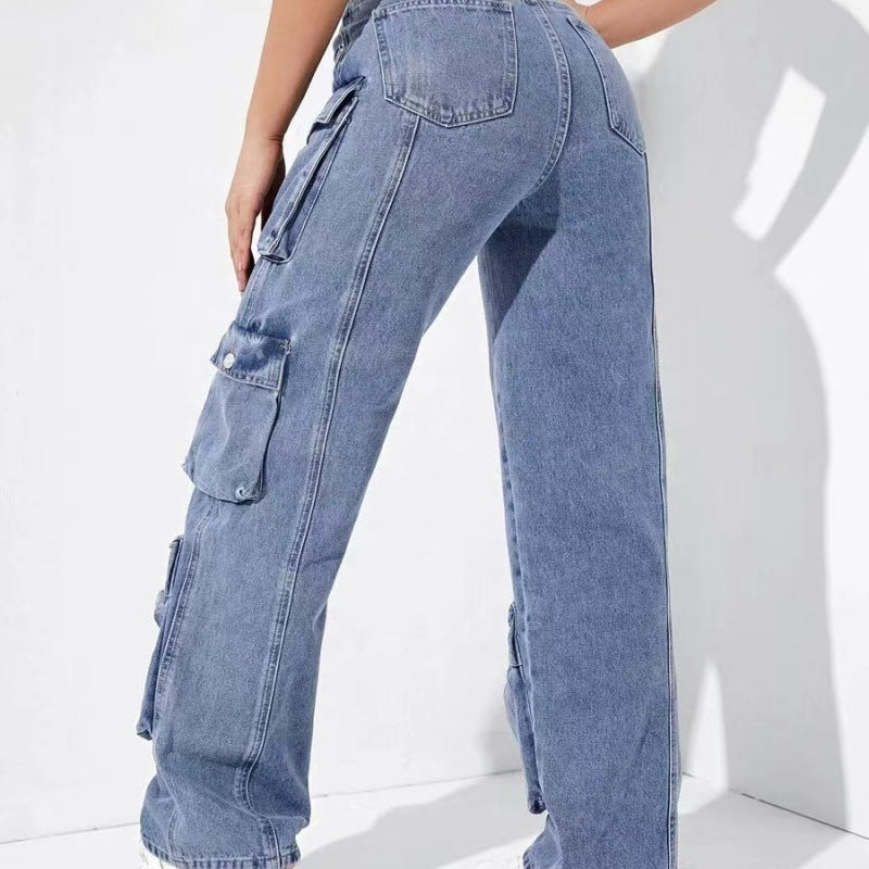 Pantalones vaqueros cargo casuales con múltiples bolsillos para mujer