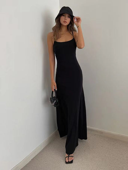 Vestido maxi informal de verano con tirantes finos, básico y sexy para mujer, de color liso