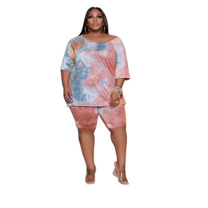 Conjunto de dos piezas de camiseta y pantalones cortos tie-dye informales de talla grande para mujer