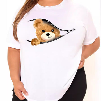 Camiseta informal de manga corta con cuello redondo y estampado de oso de dibujos animados para mujer, talla grande