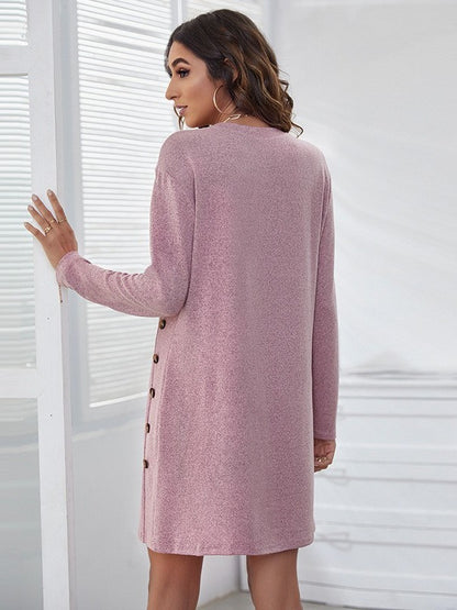Women Casual Solid Color Button Decorative Loose Round Neck Long Sleeve Mini Dress