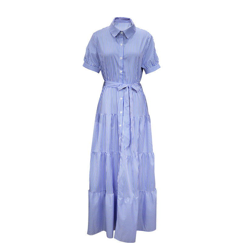 Vestido largo informal clásico de rayas con solapa y manga corta para mujer