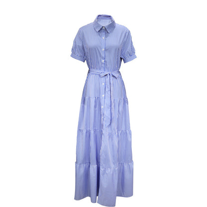 Vestido largo informal clásico de rayas con solapa y manga corta para mujer