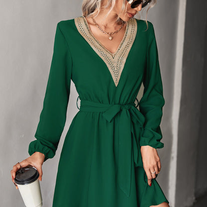 Vestido informal de manga larga con encaje y escote en V para mujer, moda Otoño Invierno