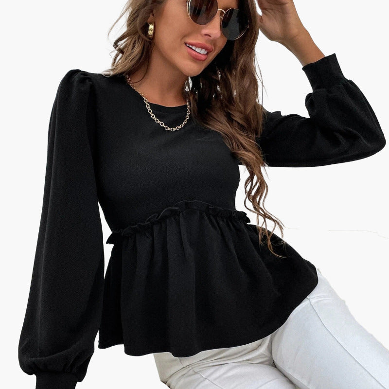 Blusa informal holgada con mangas largas abullonadas y volantes para mujer