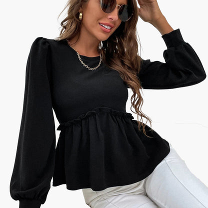 Blusa informal holgada con mangas largas abullonadas y volantes para mujer