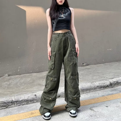 Pantalones anchos multibolsillos holgados informales de moda para mujer