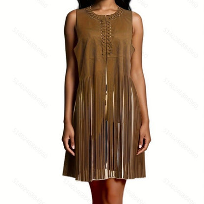 Women Fashion Casual Solid Color Suede Sleeveless Long Tassels Vest