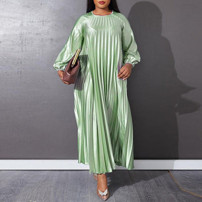 Vestido plisado informal de manga larga, holgado, de color liso y talla grande para mujer