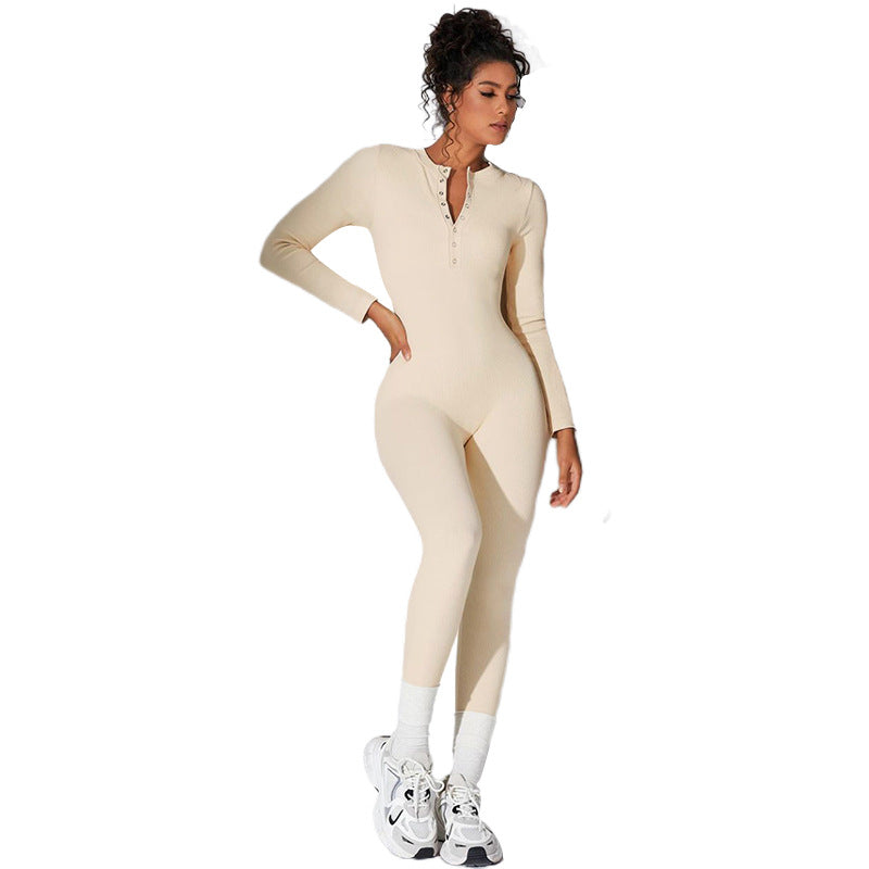 Women Fashion Casual Slim-Fit Solid Color Long Sleeve Round Neck Button Jumpsuit