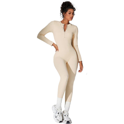 Women Fashion Casual Slim-Fit Solid Color Long Sleeve Round Neck Button Jumpsuit