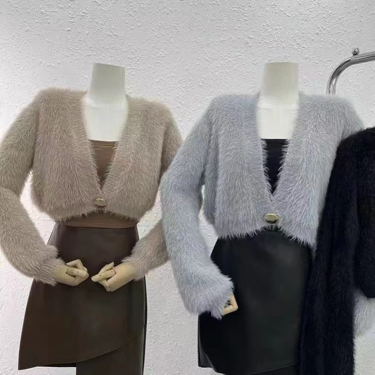 Chaqueta cárdigan de punto de felpa informal de moda para mujer de otoño e invierno
