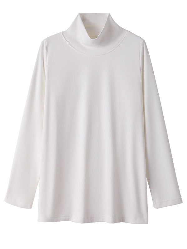 Camiseta básica informal holgada de talla grande con cuello alto y manga larga de color liso para mujer