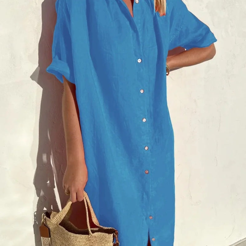Women Elegant Casual Loose Short-Sleeved Button Cotton Linen Long Pocket Maxi Shirt Dress
