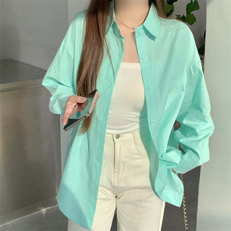 Women Basic Casual Long-Sleeved Shirt Loose Mid-Length Office Blouse