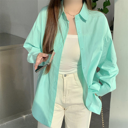 Women Basic Casual Long-Sleeved Shirt Loose Mid-Length Office Blouse