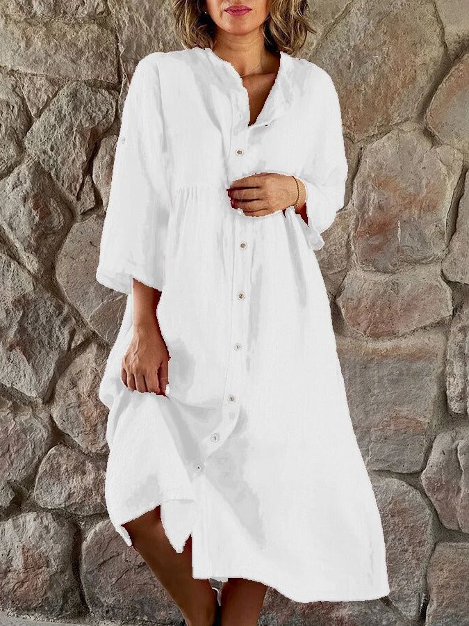 Casual Women Cotton Linen Solid Color Button Shirt Dress