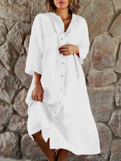 Casual Women Cotton Linen Solid Color Button Shirt Dress