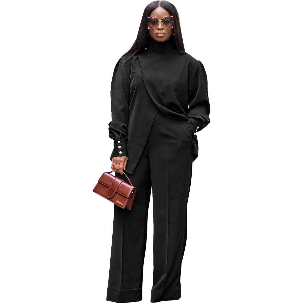 Conjunto de dos piezas informal de mujer con cuello alto irregular y manga larga con abertura y pantalones holgados