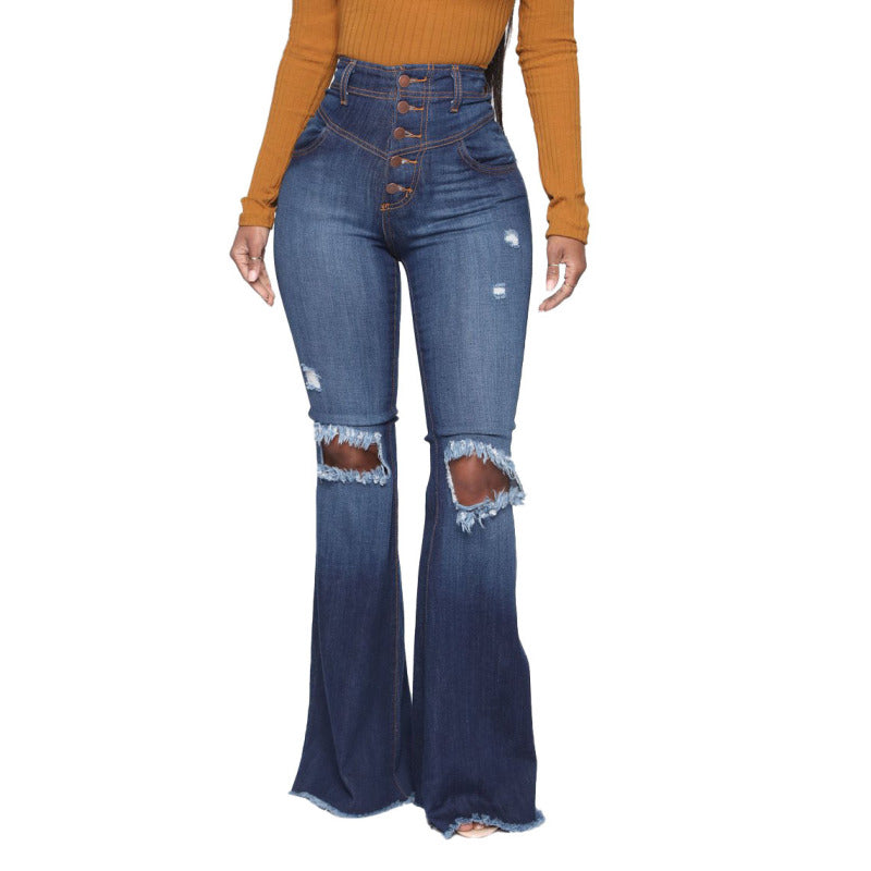 Women Casual Elegant Raw Hem Ripped Flare Jeans