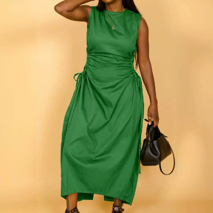 Vestido largo informal de nailon calado sin mangas de color liso para mujer, talla grande