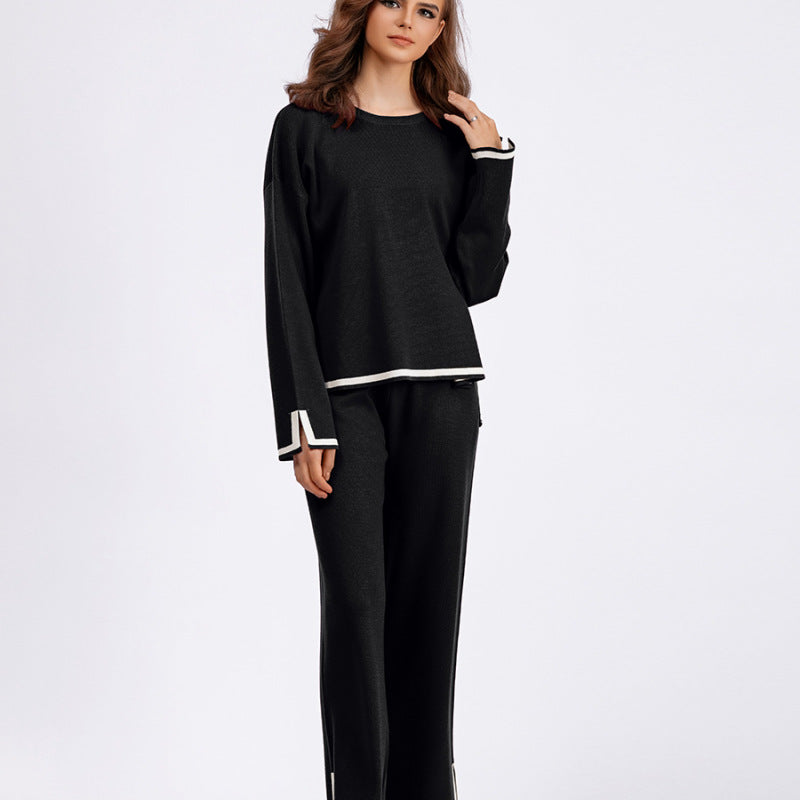 Conjunto de dos piezas de pantalón ancho de punto de manga larga con abertura en contraste para mujer, informal, para otoño e invierno