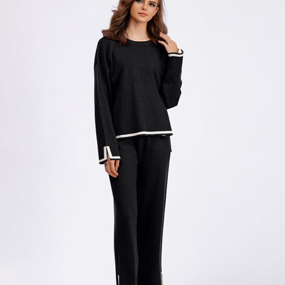 Conjunto de dos piezas de pantalón ancho de punto de manga larga con abertura en contraste para mujer, informal, para otoño e invierno